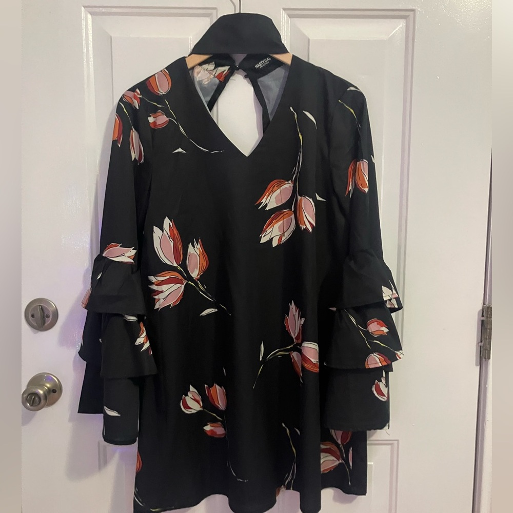 Nasty Gal , black floral-v neck cut- out shift dress